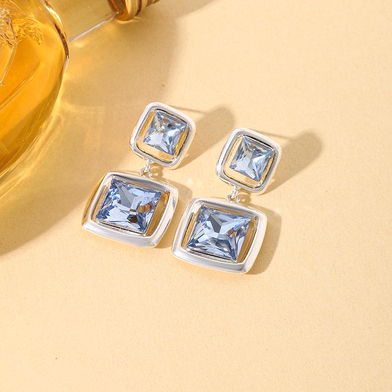Korean Cool Tone Sea Blue Double Layer Zirconia Square Stud Earrings