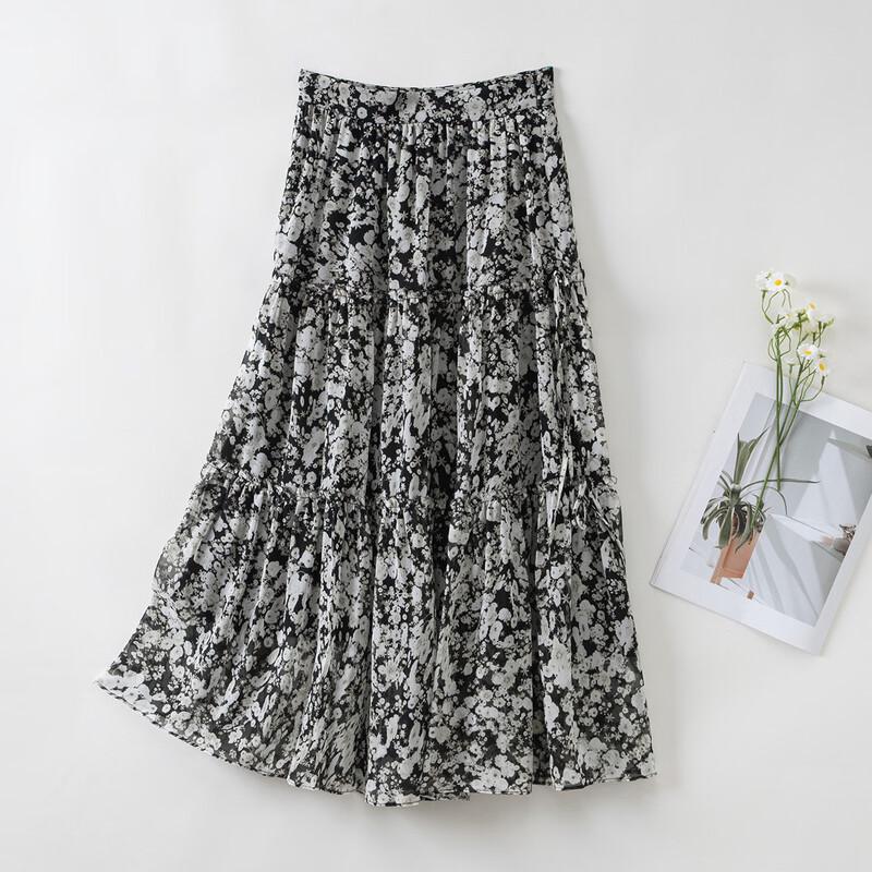 TUHUANG 100% Шелковая Винтажная Юбка Миди А-силуэта с Цветочным Принтом S