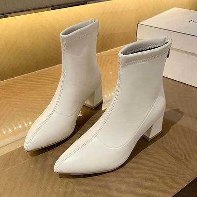 Foreign Style Square Head White Short Boots Korean Thick Heel Small Bare Boots French High Heel Thick Heel Thin Boots