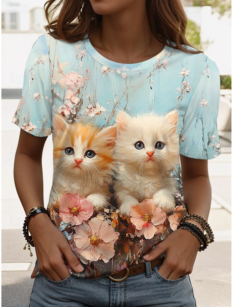 Cartoon Cat T-shirt Cute Cat Animal 3D Printed Women's Short Sleeves