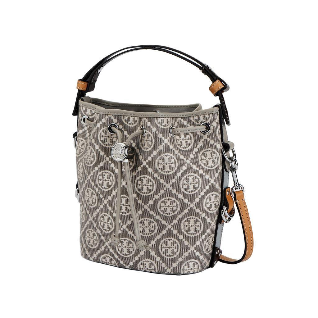 Tory Burch T Monogram Drawstring Closure Metal Double T Logo Bucket Bag Shoulder Crossbody Bag Fabric And Leather Tote Mini Women Bags Gray 178739-020