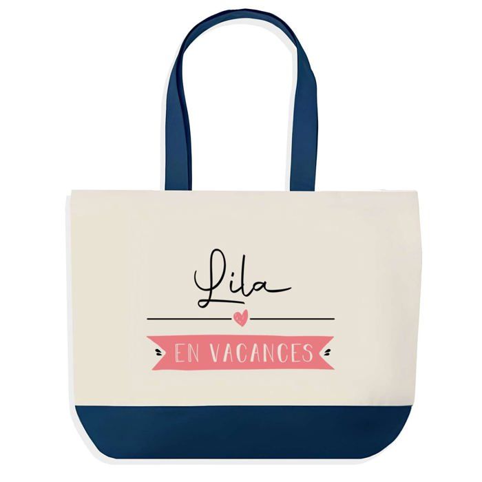 Sac shopping - PLANETEE - Lila en Vacances - fond bleu design graphique - coton 40x45 cm - grand format