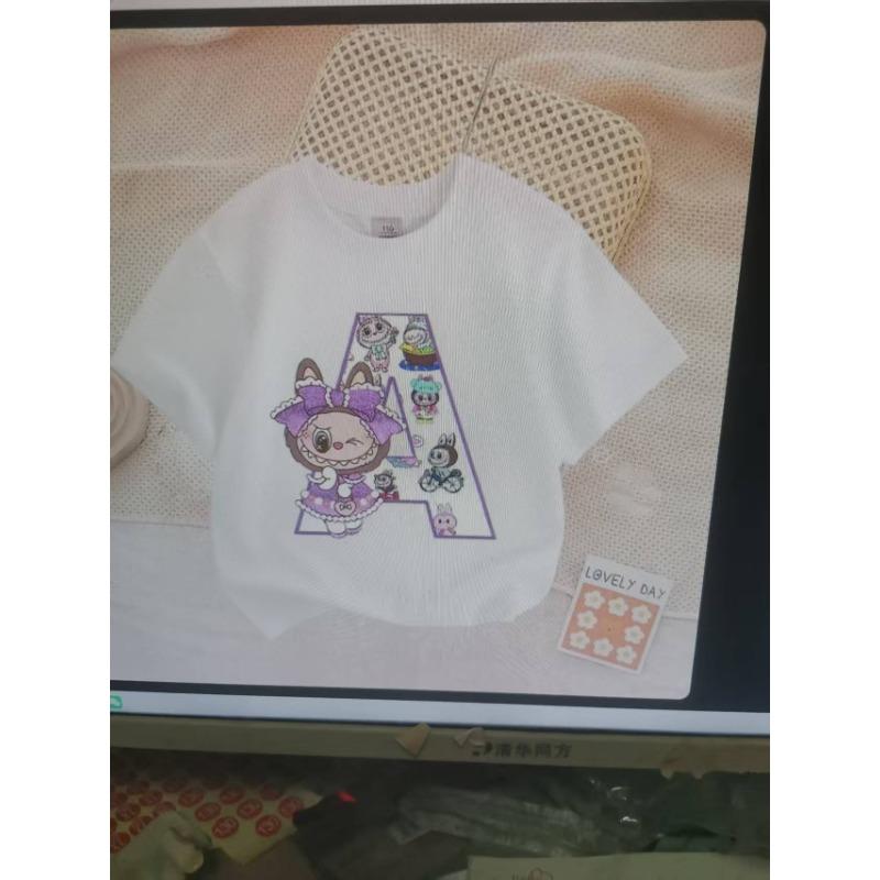 Cute Labubued Letter Printed T-shirt Cotton Summer Outdoor Wear Short Sleeve Girls Clothes Top Cartoon Children Clothing Toddler
