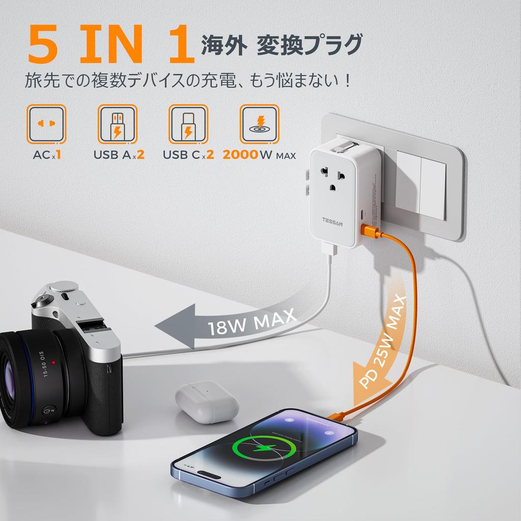 TESSAN and Compact Travel Power Compatible with and A Includes 4 USB Ports PD 25W Fast and Plugs for and Ultra-Thin Adapter, C, BF, O, Types, (2