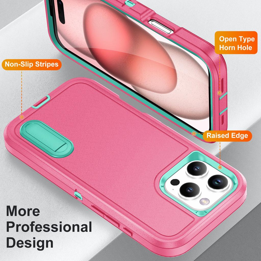 For iPhone 16 Pro Case PC+Silicone+EVA 3-in-1 Protective Phone Cover with Kickstand