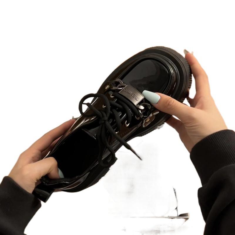 French Platform Heightening Small Leather Shoes Women'S British Style Deep Mouth Single Shoes Black Loafers High Heels