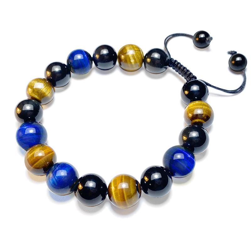 

10mm Tiger Eye & Obsidian Adjustable Woven Bracelet - Unisex Jewelry