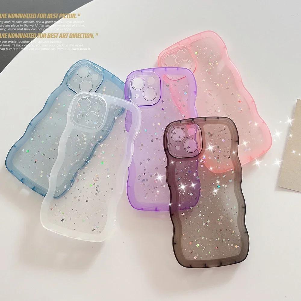 for iPhone 16 15 14 13 12 11 Pro Max Mini XR SE 7 8 Plus Case Cute Clear Drip Glue Star Curly Wave Hybrid Shockproof Soft Cover