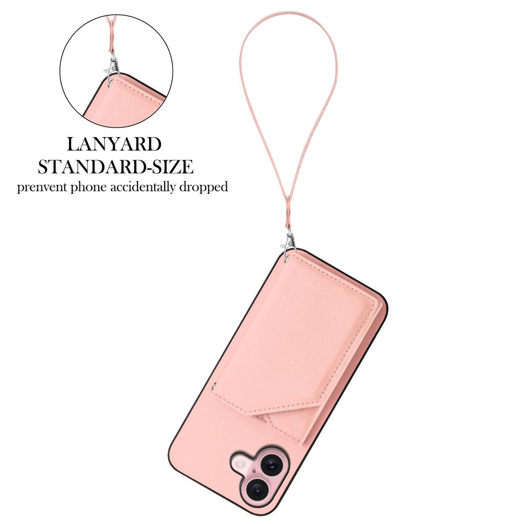 For iPhone 16 Case Card Holder Kickstand Skin-Touch Phone Cover with Wrist Strap