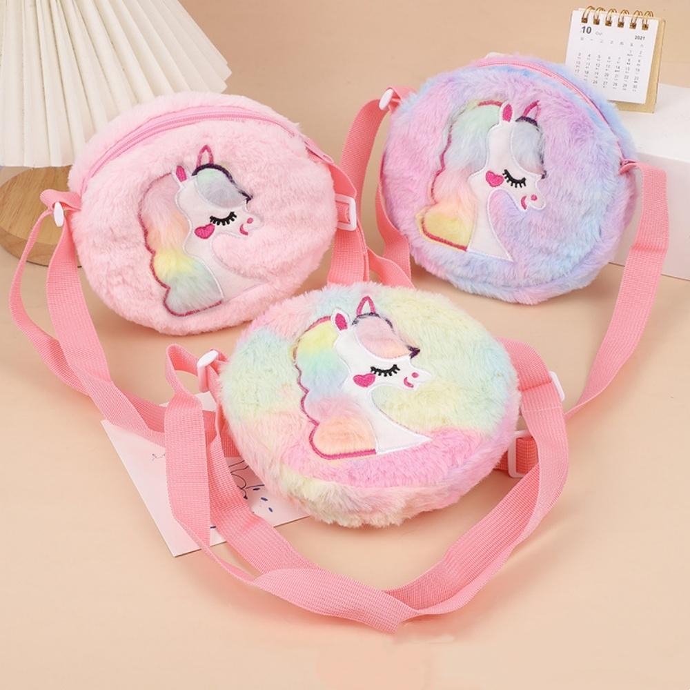 Cute Unicorn Round Kids Plush Bag Adjustable Strap Cartoon Crossbody Storage Bag for Children Shoulder Bag Colorful Small Purse