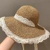 Women Beach Hat Large Eaves UV Blocking Foldable Portable Handmade Straw Hollow Sun Protection Hat with Lace Ties