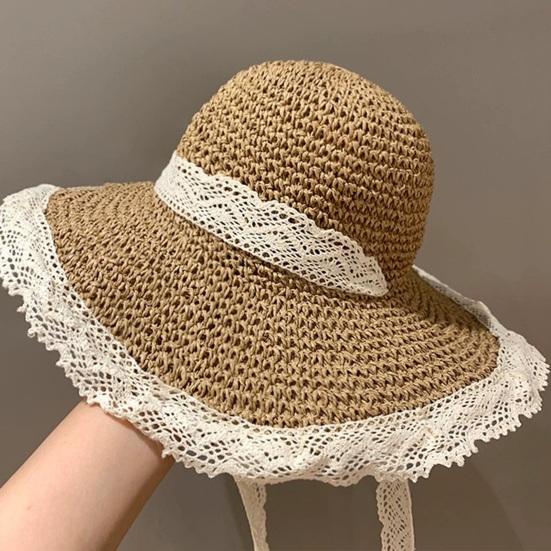 Women Beach Hat Large Eaves UV Blocking Foldable Portable Handmade Straw Hollow Sun Protection Hat with Lace Ties