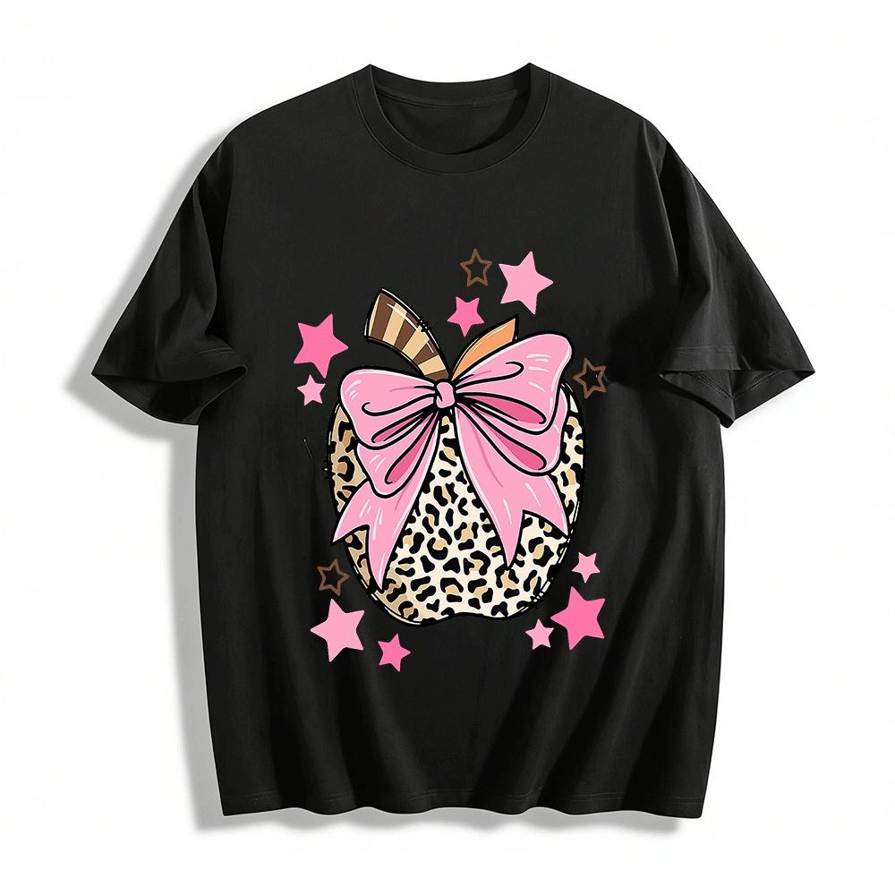 Leopard Print Apple Pink Bow Casual T-Shirt For Women Pure cotton T-shirt XXS