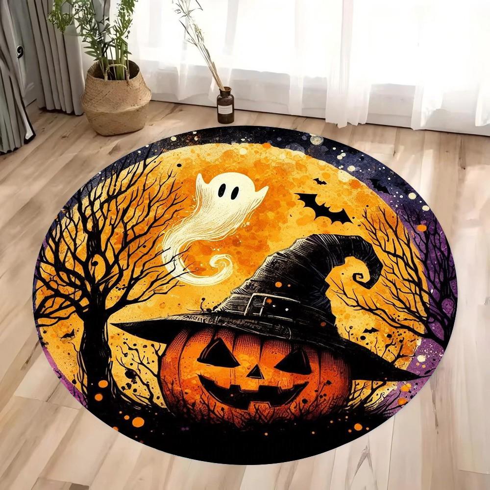 Halloween Pumpkin Magic Hat and Bat Circular Printed Carpet Halloween Themed Floor Mat Home Decoration Yoga Studio Gift