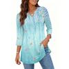 Damen Lässiger V-Ausschnitt 3/4 Ärmel Pullover Tunika Oberteil Blumenmuster Mittellange Bluse Leichte Bequeme Passform
