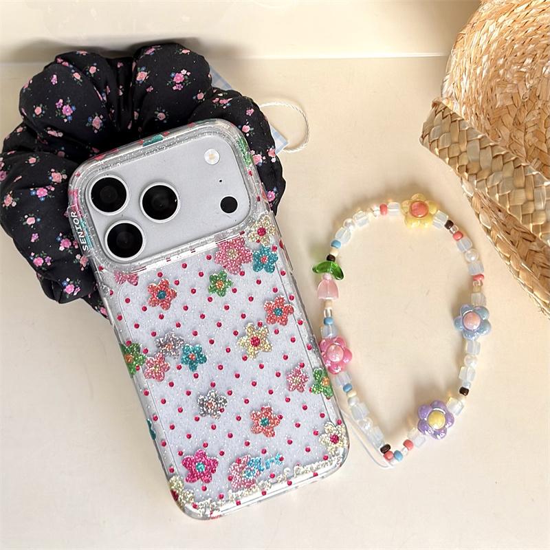Soft Pink Flower Polka Dot Glitter Clear Case With Wrist Strap For iPhone 15 16 17 Pro Max INS Kawaii Shockproof Cover