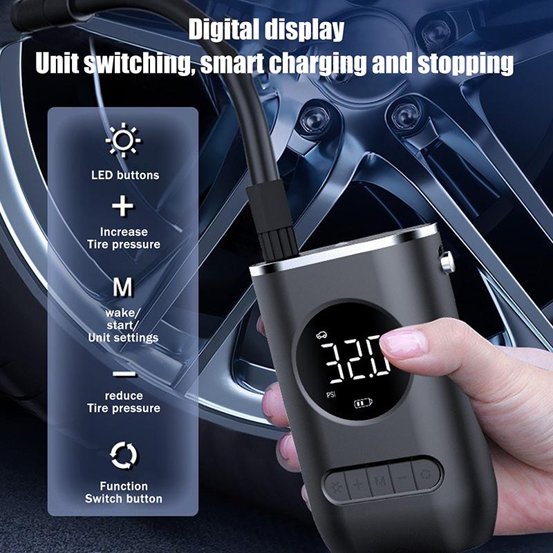 Portable Tyre Inflator Digital Air Pump, Cordless Air Compressor With Led Light, 150 Psi Rechargeable Tyre Pressure Pump