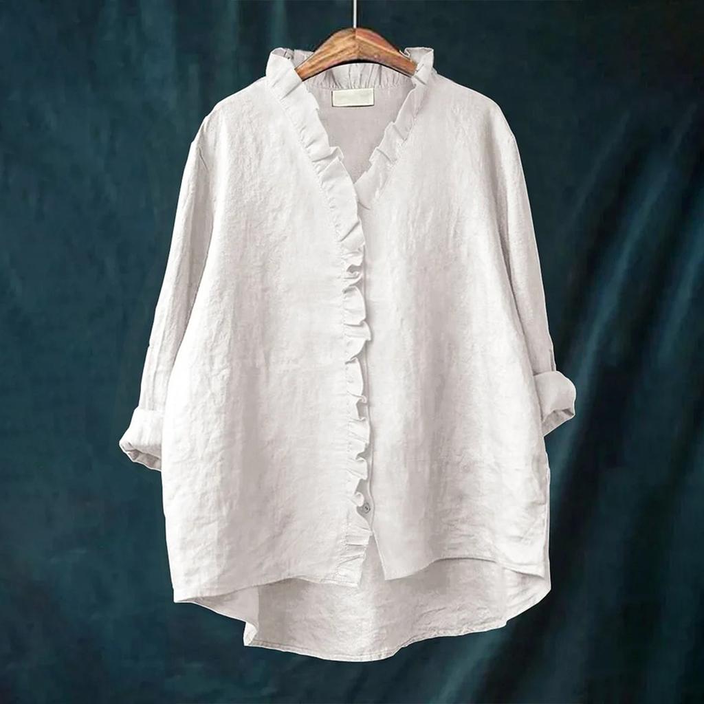 Dámský volný top s volánky, jednobarevný, se stojáčkem, s dlouhým rukávem, bavlněný a lněný