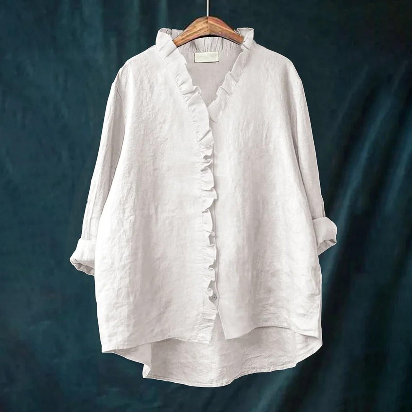 

Жіночий вільний топ з воланами однотонний зі стійкою коміром з довгим рукавом з бавовни та льону XXL білий