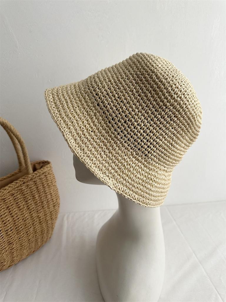 Korean quality handmade straw hat women's simple sunshade bucket hat spring and summer coffee color bucket hat sunscreen hat