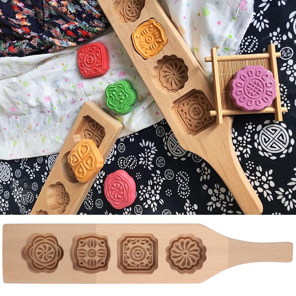 Wooden Moon Cake Mold 4 Flower Pattern Wood Pastry Mold Cake Baking Tools Mung Bean Cake Ice Skin