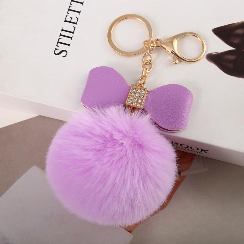 Faux Fur Pom Pom Keychain Women Girls Plush Ball Bag Backpack Pendant Creative Rhinestone Pu Leather Bow Car Keyring GiftS
