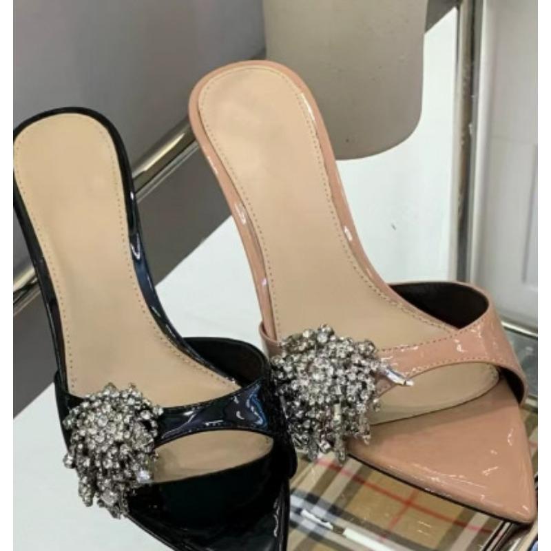New Pointed Rhinestones with Sandals, Thin Heels, Open Toes, High Heels, Half Slippers, Fashionable and Versatile Outside