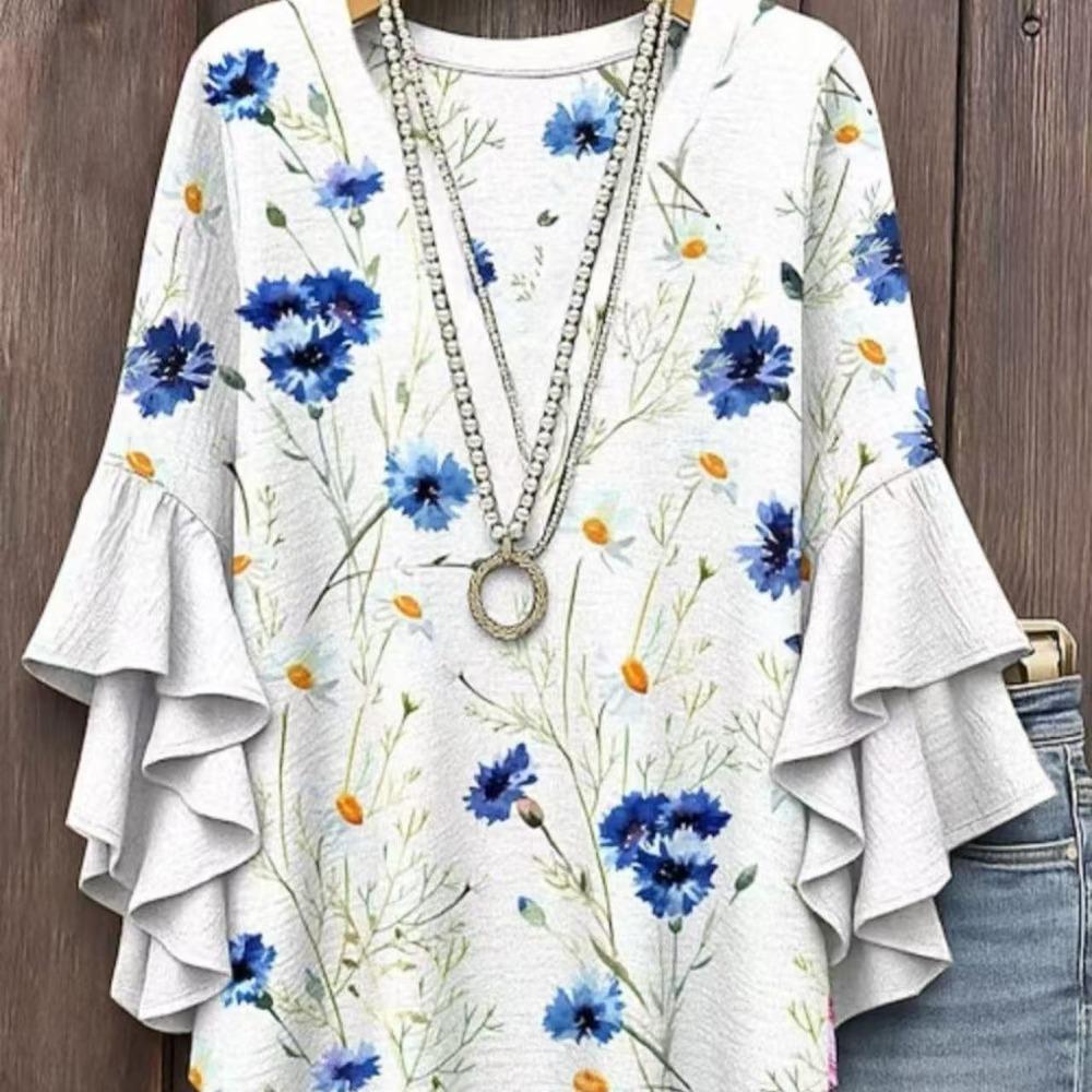 Large Women's Bohemian V-neck Shirt with Ruffle Sleeves, Grey Brown Floral Print Top, Casual Breathable Machine Washable Pullover