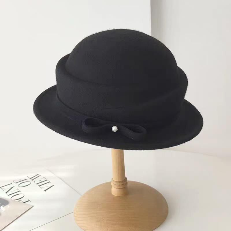 New 100% Wool Hat Bell Hat Women's French Elegant Retro Hepburn Autumn and Winter Celebrity Pearl Wool Felt Bucket Hat