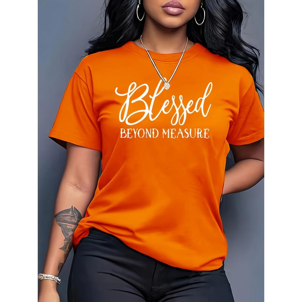 Women Cotton Short Sleeves T-shirts Blessed Beyond Measure Women s Tee Faith Graphic Casual Orange Top S