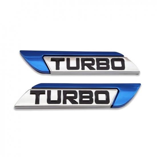 2x Blue&Chrome Metal TURBO  Emblem Racing Sport Bagde Side Sticker Car Decal