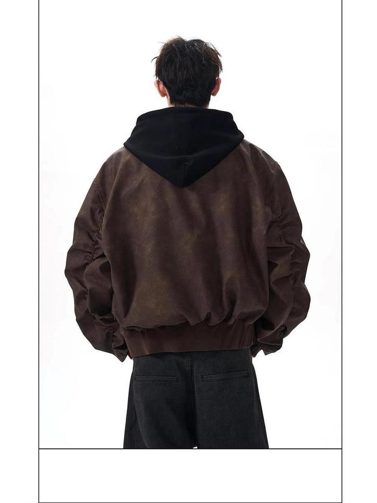 Herren Retro Zweiteilige Leder Fliegerjacke - Cleanfit Scheunenstil Locker Arbeitskleidung