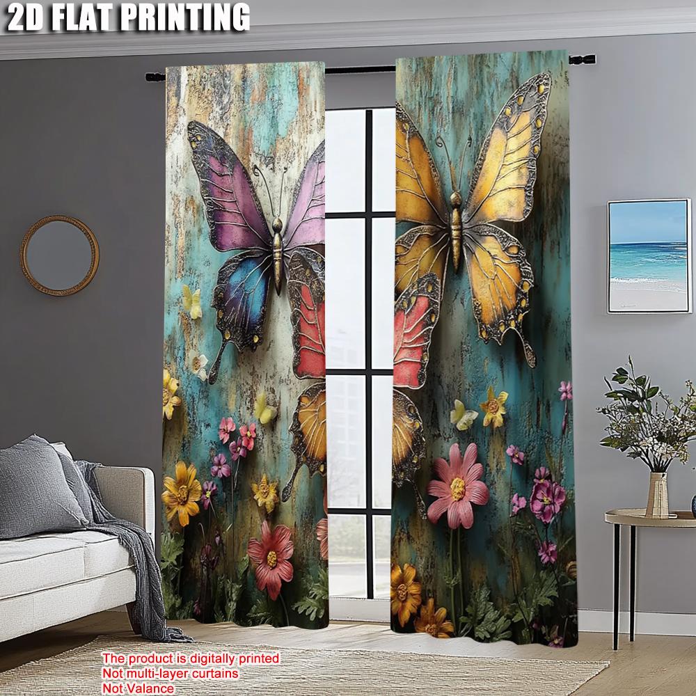 Curtains Window Treatment Print Beautiful Colorful Butterfly Fabric Without Rod Stuff Clearance Perfect Living Set Of 2 Made Polyester