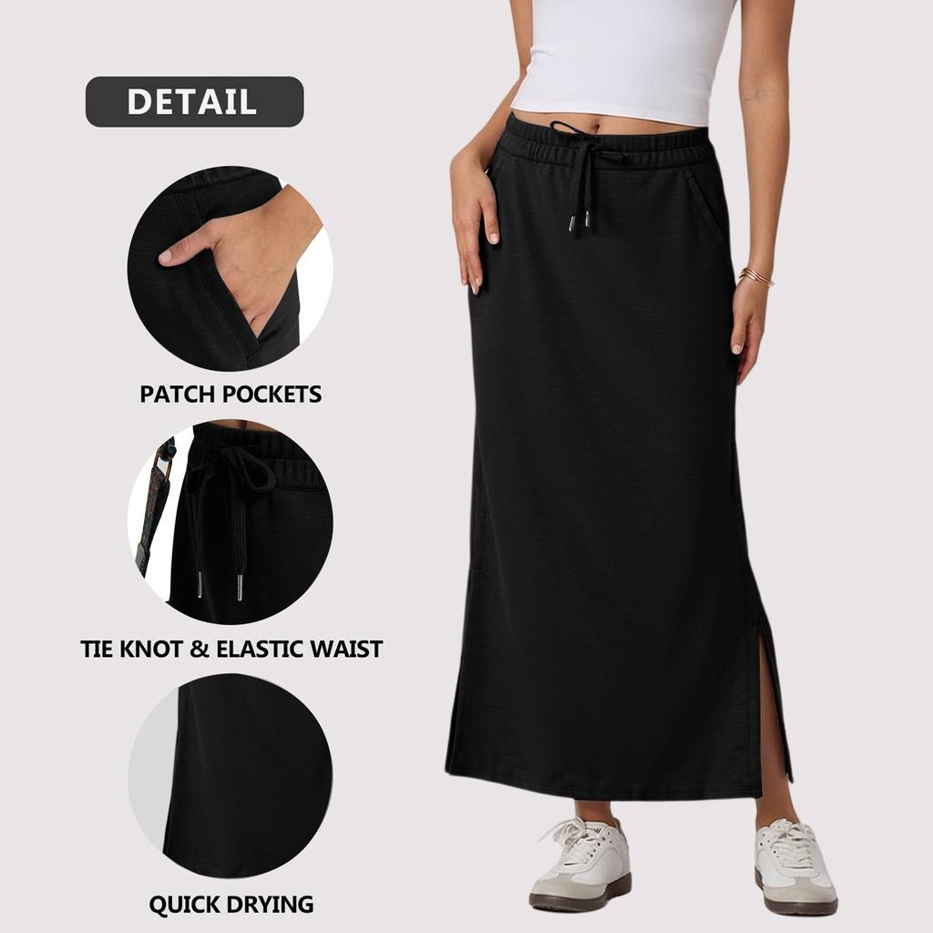 Womens Casual Maxi Skirts  High Waist Trendy Drawstring Side Slit Skirts With Pockets