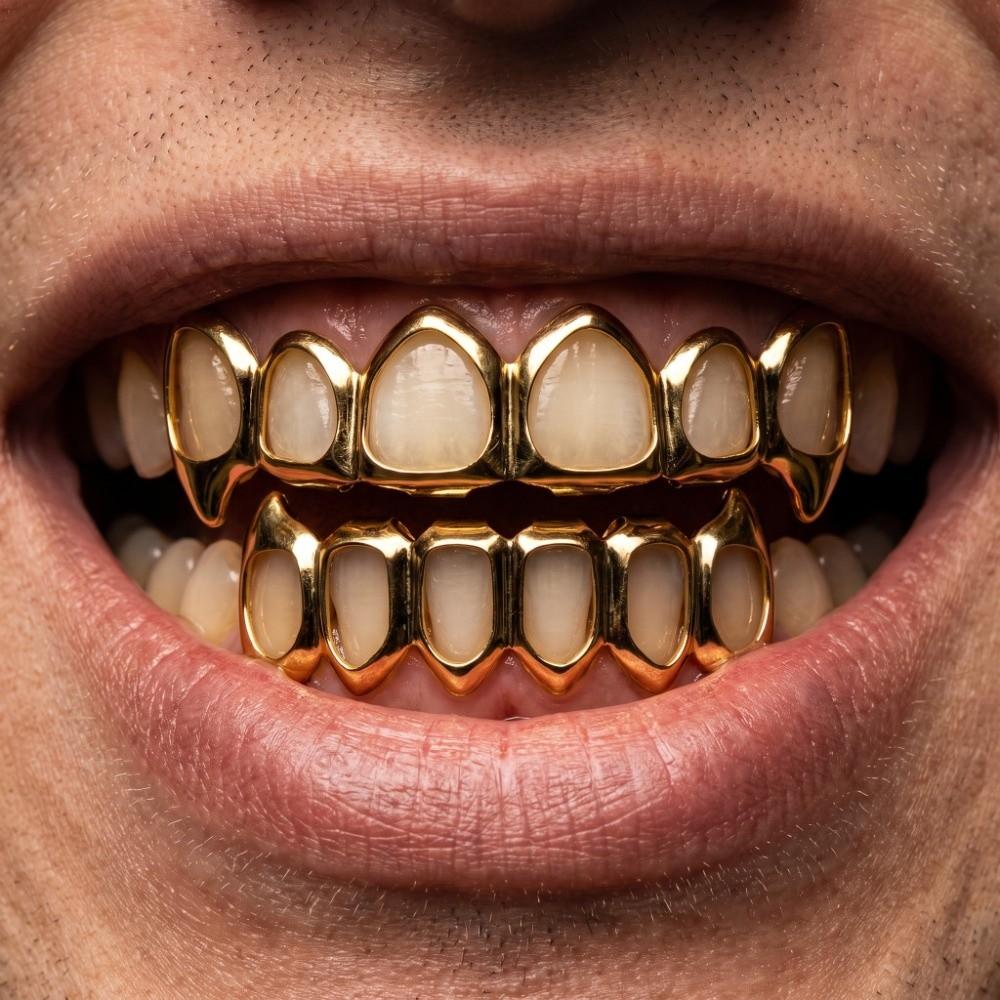 Eco-friendly Copper Hollow Teeth Grillz Top Bottom Set Anti Slip Teeth Jewelry Rapper
