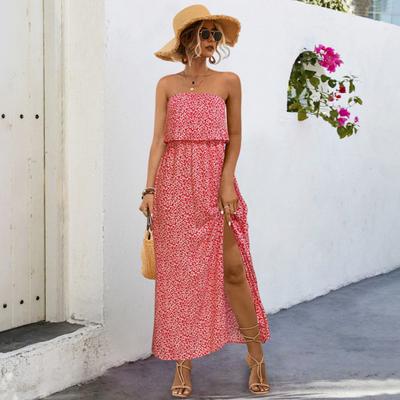 Women's Summer Off Shoulder Maxi Dress Ruffle Strapless Tube Top A-line Split Long Dress Summer Boho Floral Beach Dress