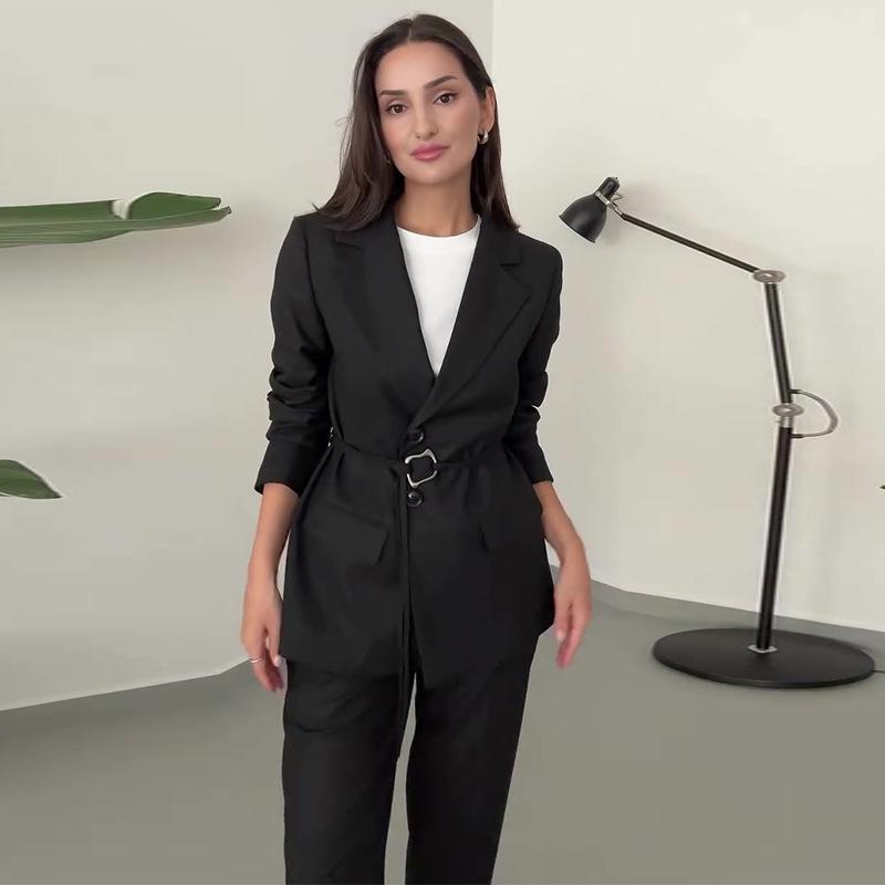 2024 Autumn Women's Solid Color Waist-Tie Slim-Fit Blazer & Long Pants Set