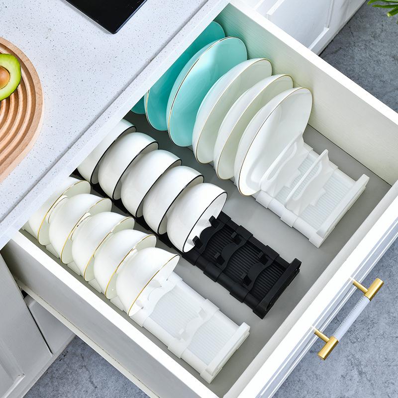 Kitchen Plate Organizer Adjustable Dish Storage Rack Plastic Pot Lid Holders Dishes Draining Storage Holder Kitchen Accessories