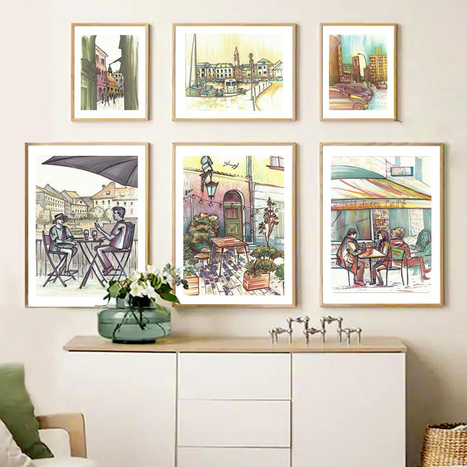 Handgezeichnete Stadtlandschaft Venedig Lyon Adria Wand Kunstdruck Leinwand Malerei Nordic Poster Home Decor Bilder für Wohnzimmer