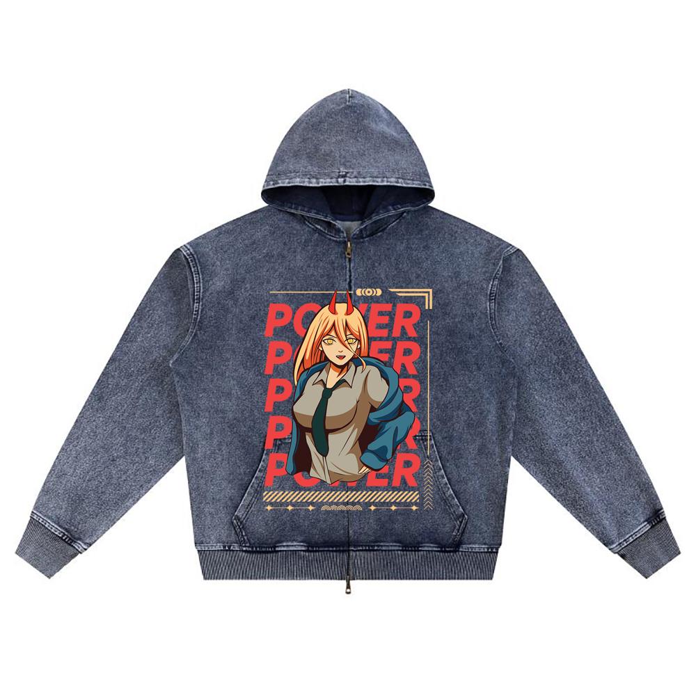 

DTG print Knitted Denim Zip-Up Hoodie anime streetwear 7 Brother Print Zipper Hoodies XL темно-синий