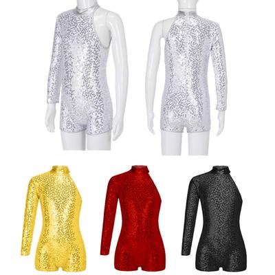 Kinderen Meisjes Single Lange Mouw Gymnastiek Turnpakje Pailletten Ballet Dans Unitards Korte Jumpsuit