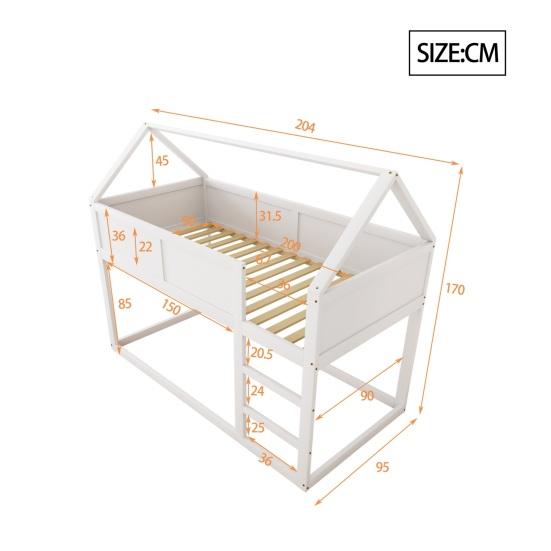 Bunk Children Bed, 90 x 200 cm, Low Bunk Single Bed, Loft Bed with Stairs, Solid Wood Frame, Wood Color