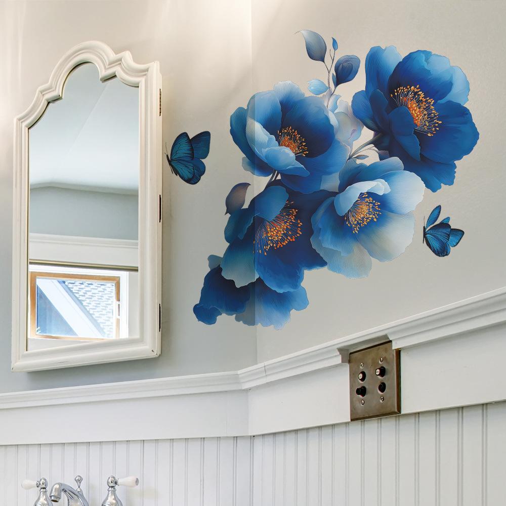 Creative and Dreamy Blue Floral Butterfly Background Wall Decoration Stickers for The Entrance Bathroom