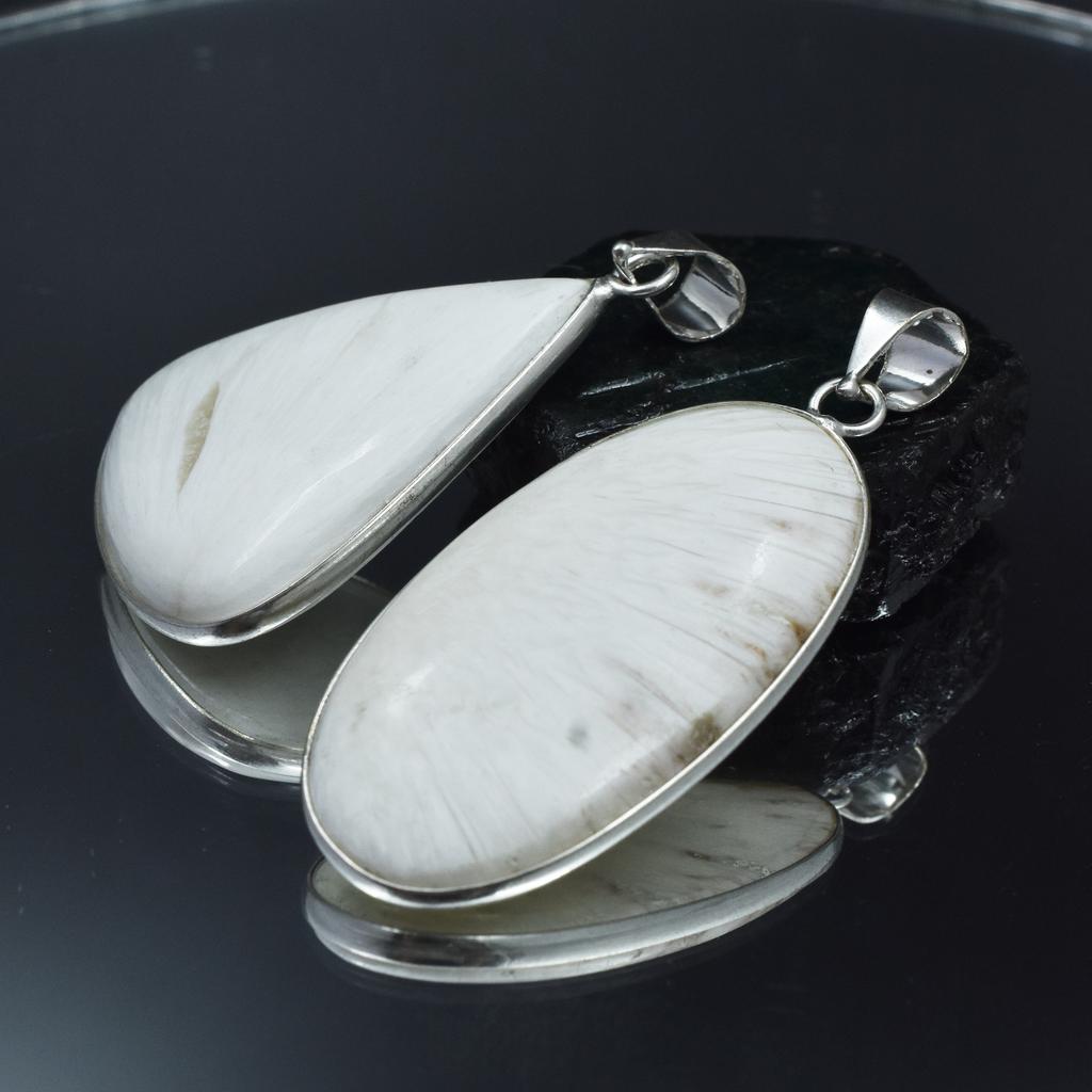 Oval-Pear Cut 100 Ct Scolecite Pendant Healing Stone 925 Silver Gemstone Pair AR-1767-S