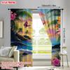 2pcs Floral Beach Scene Curtain Polyester Fabric Living Room Decoration Rod Pocket Curtains
