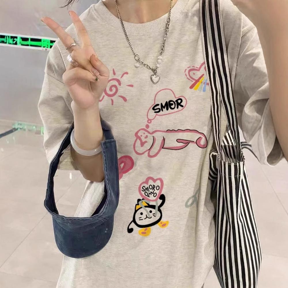 Women's Loose-Fit Cartoon Print Pure Cotton T-Shirt, Chic Hong Kong Style, Trendy American Brand, Plus Size Available