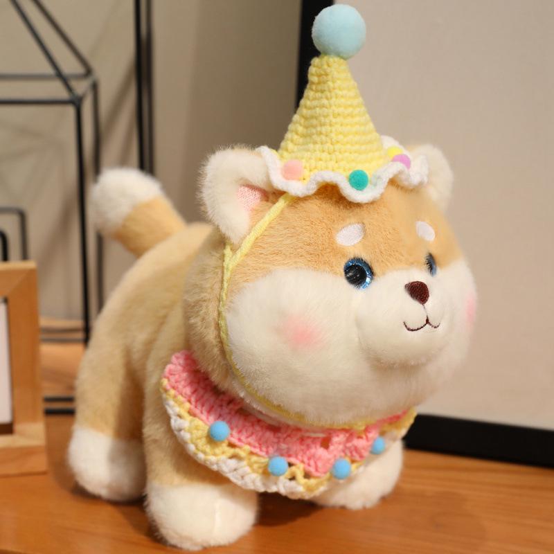 Shiba Inu Puppy Plush with Birthday Cake Hat - Cute Comfort Toy for Kids