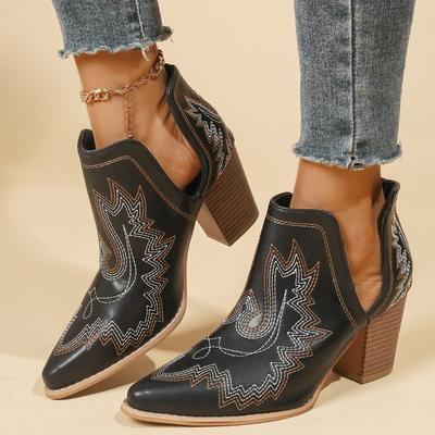 Embroidered Chunky Heel Boots Autumn New Pointed Toe Sleeve Fleece Non-Slip Wear-Resistant Booties