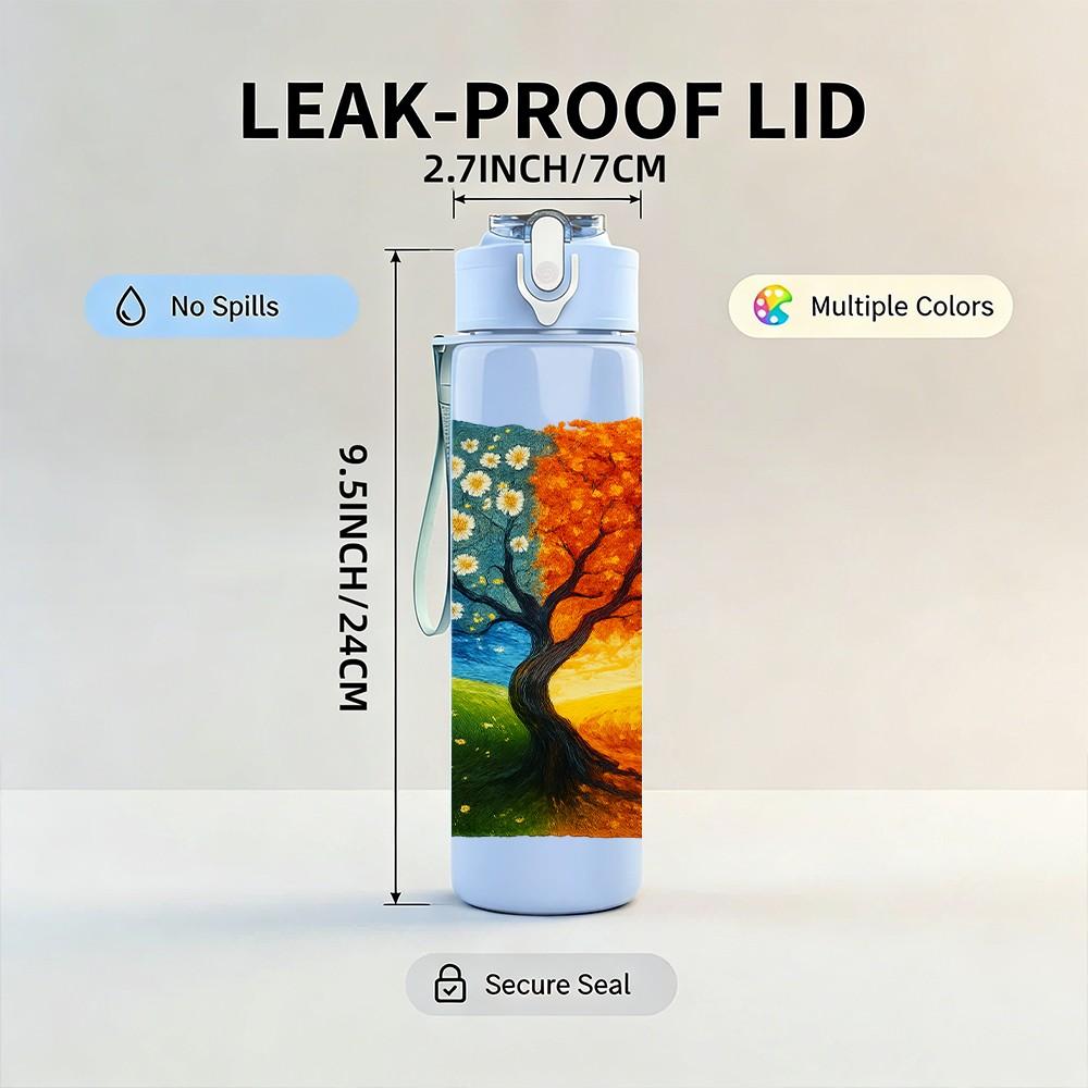 1PC Autumn Tree Split Color Watercolor 750ml Color Plastic Sports Water Bottle Leakproof Flip Straw Lid Suitable for Sports Office Home Use