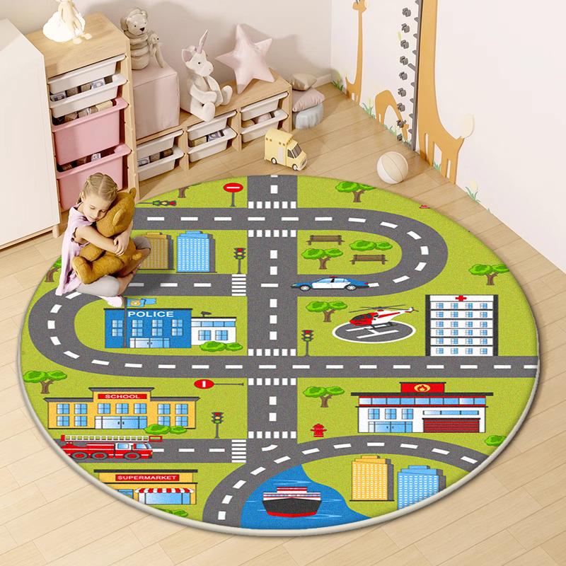 Road Round Mat for Children Cute Cartoon Children Room Area Rug Home Living Room Carpet Non-slip Soft Hanging Basket Chair Mats